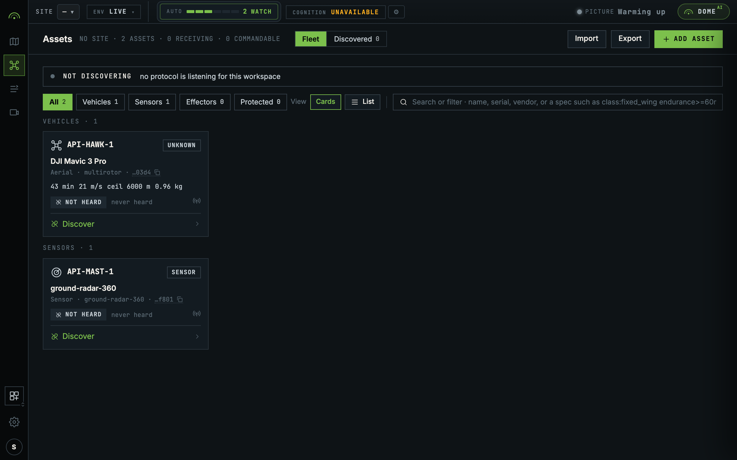 Settings, Assets listing a vehicle and a sensor registered through the API