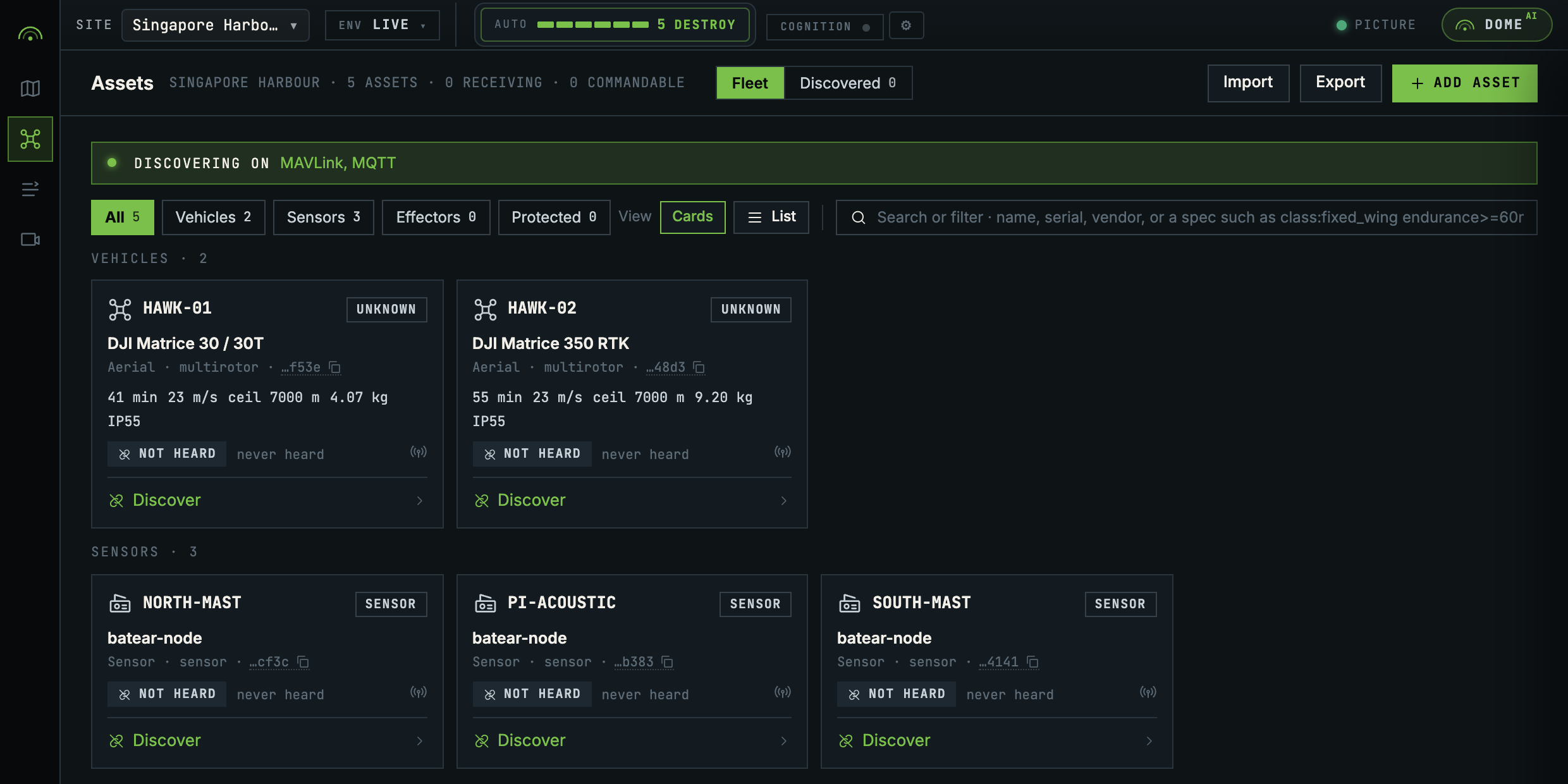 The assets list showing vehicles and sensors together