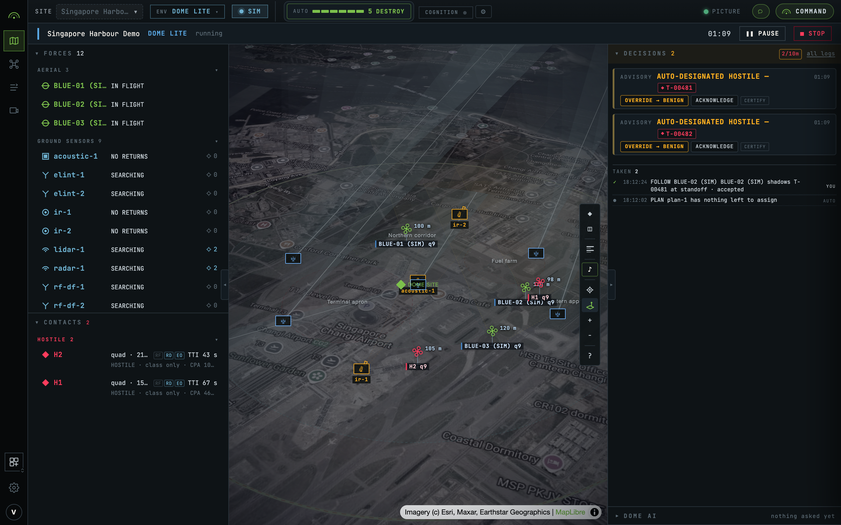 DomeCommand operator console over Munich Airport: live tracks, tasked assets, and telemetry on one screen