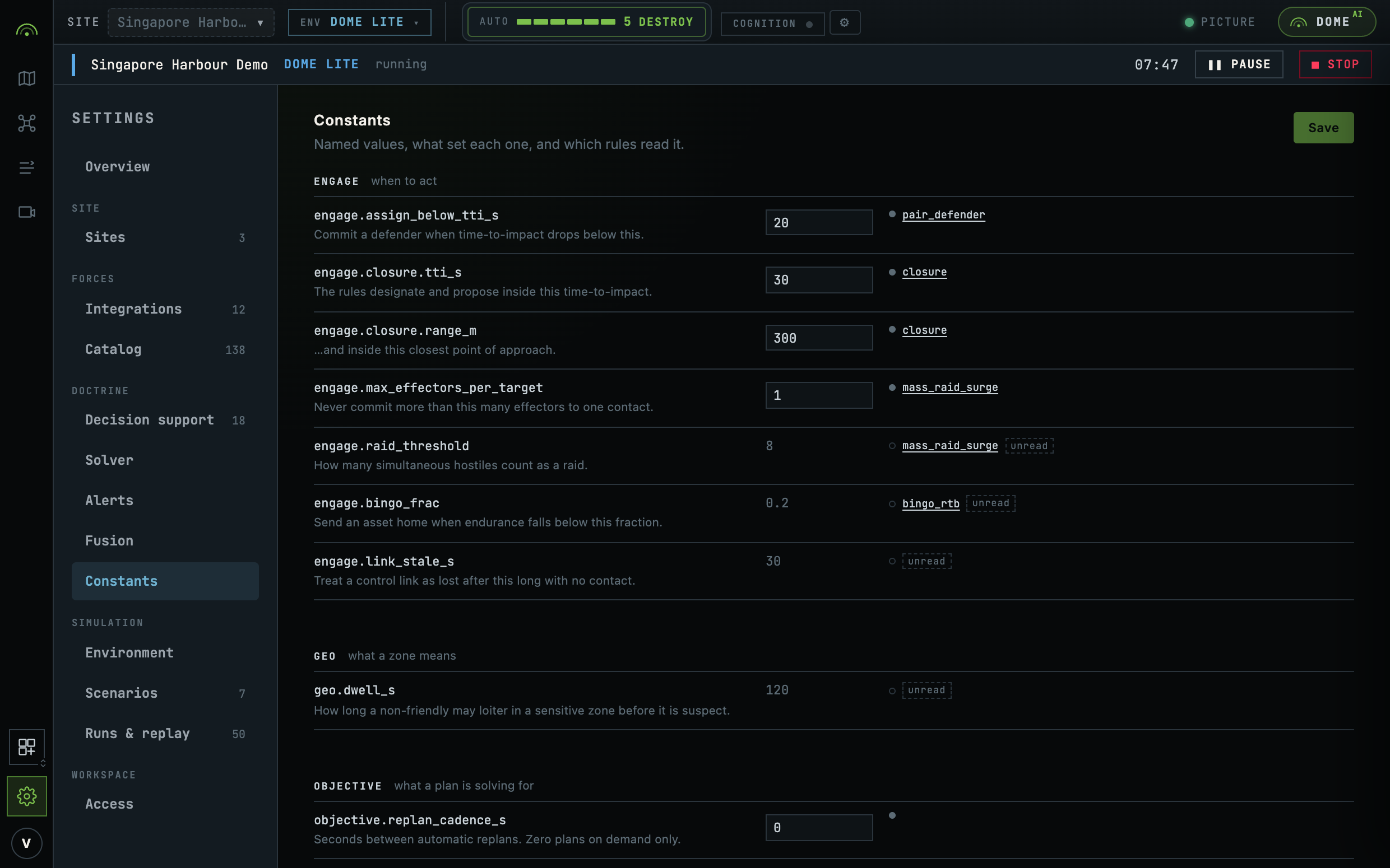 The constants registry as a table