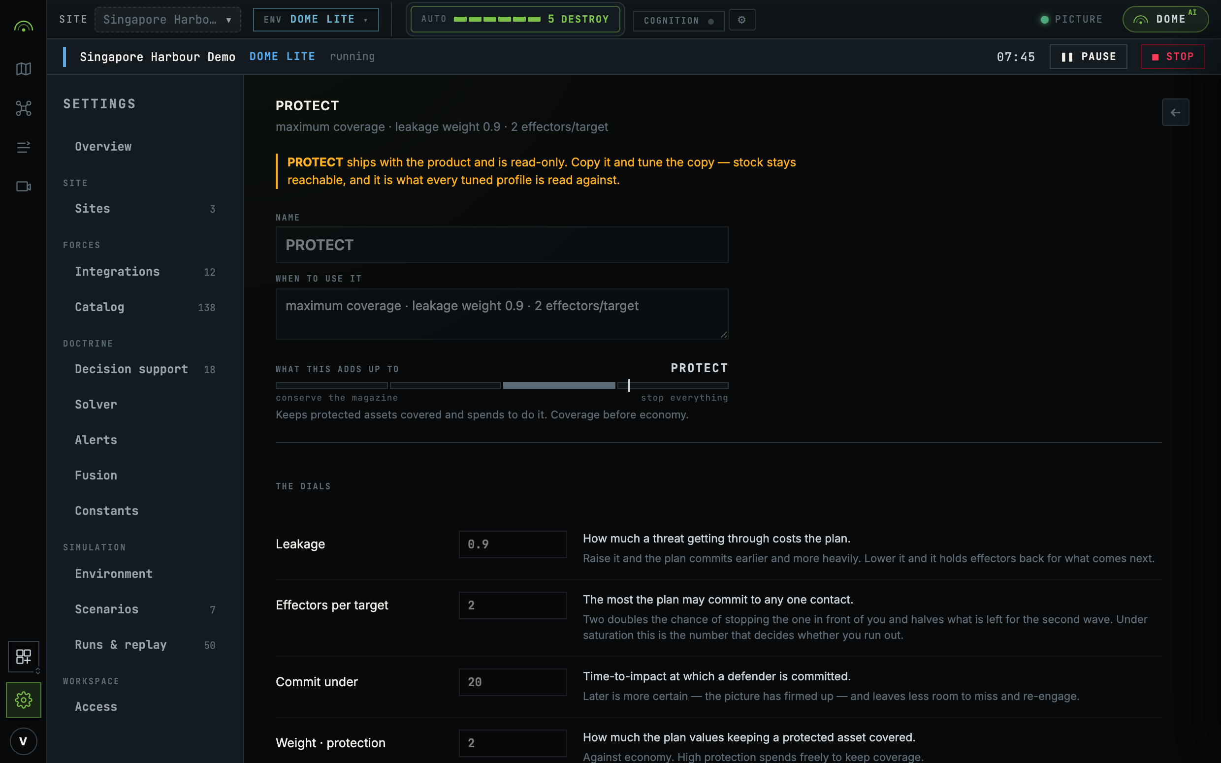 The PROTECT planning profile and its weights