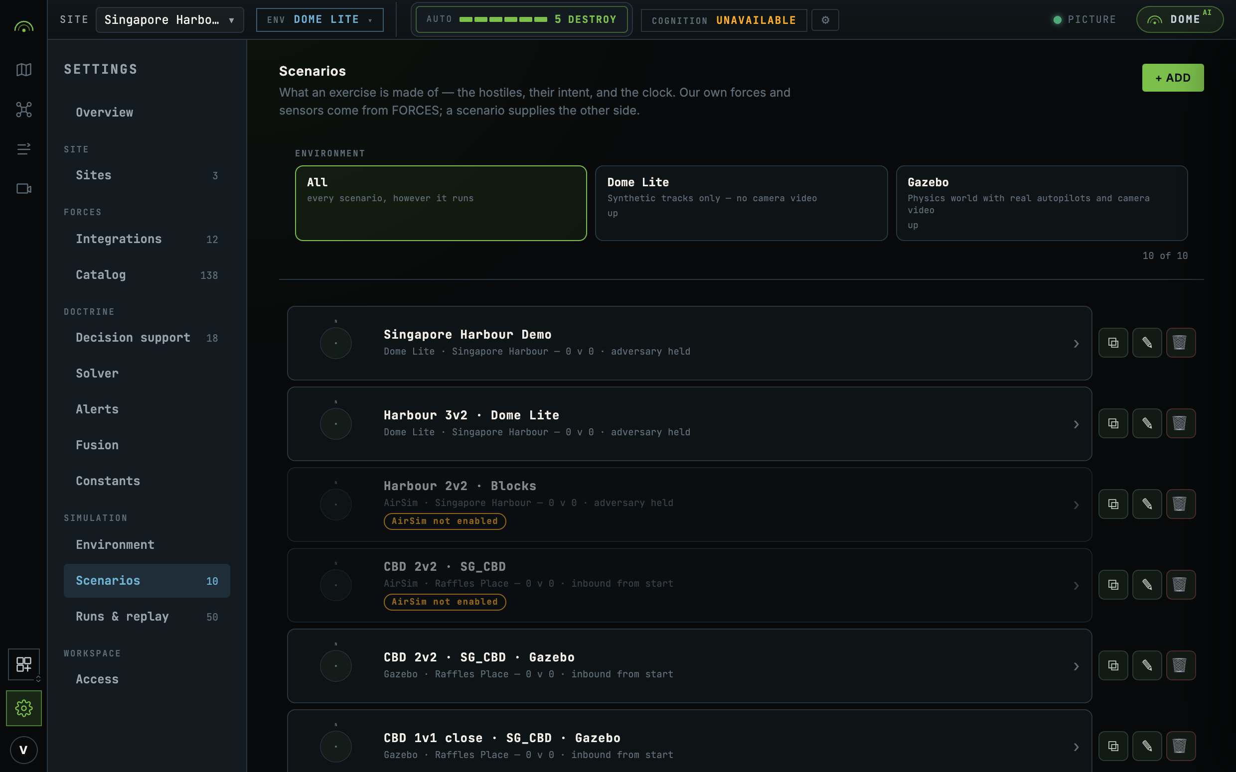 The scenario library filtered by environment