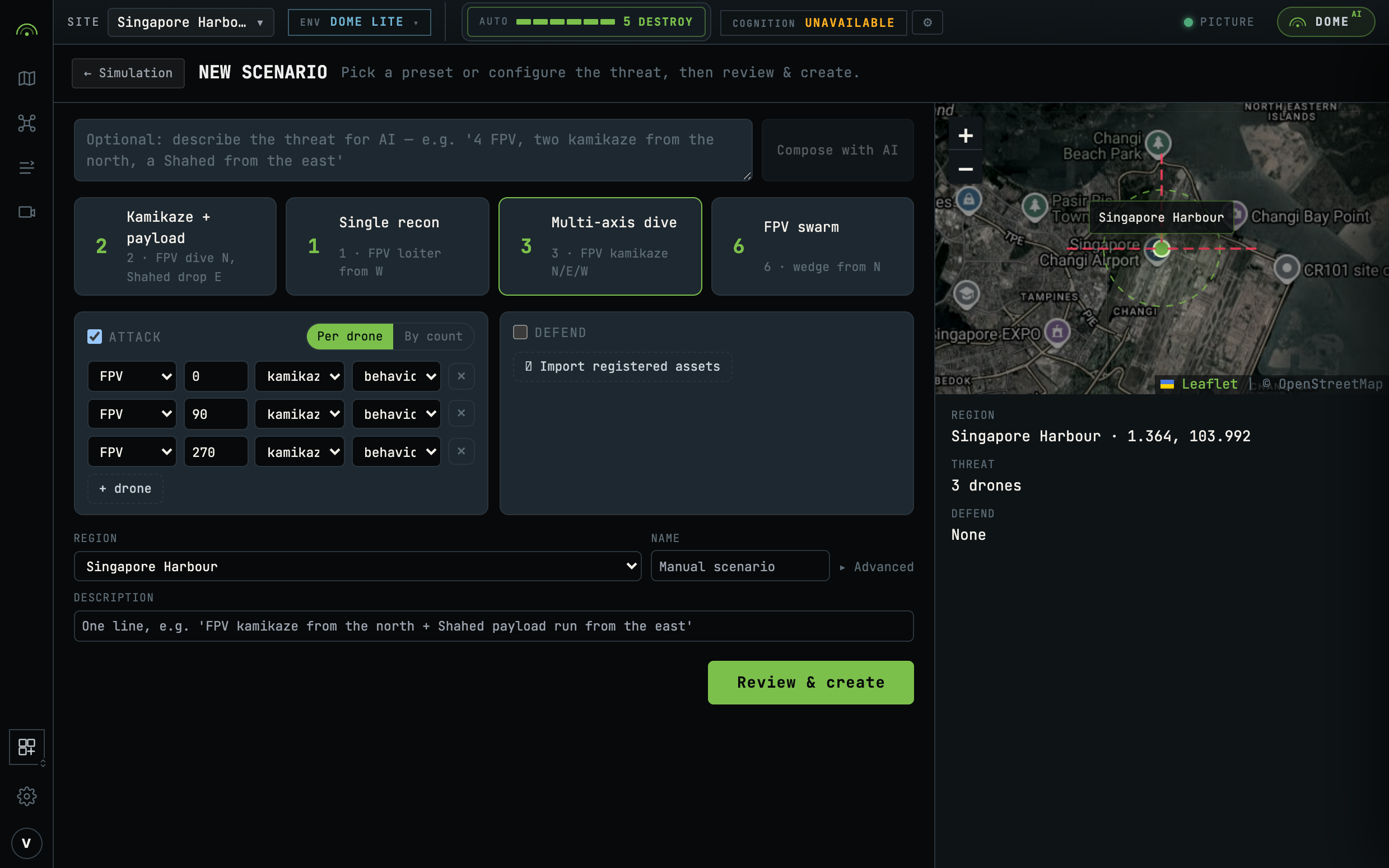 The scenario composer with the Multi-axis dive preset