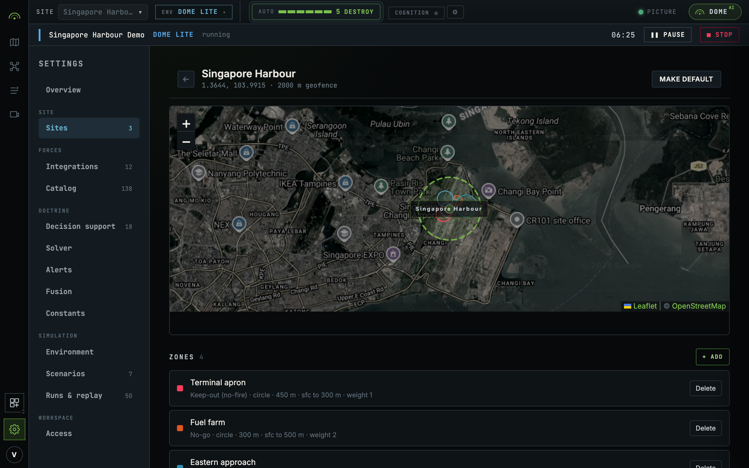 One site's detail page showing its geofence and zones