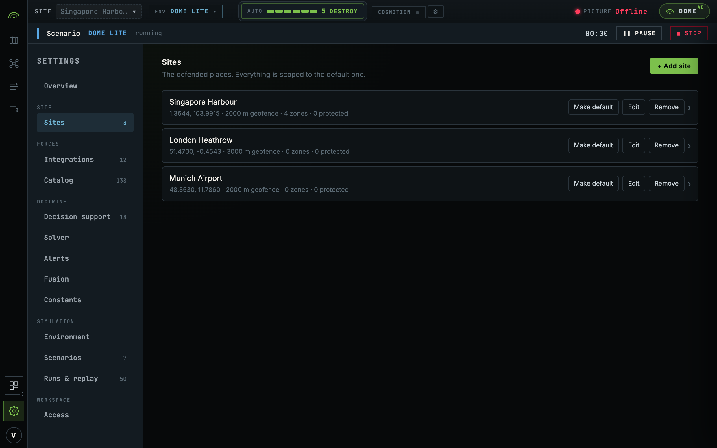 The sites list in DomeCommand settings