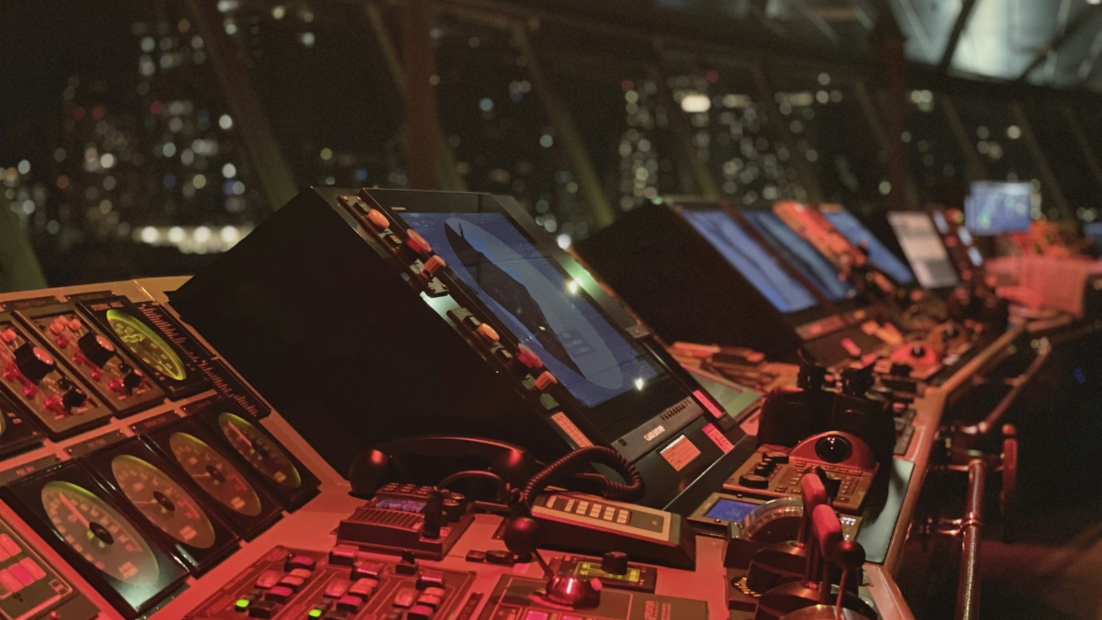 A control room of consoles and screens